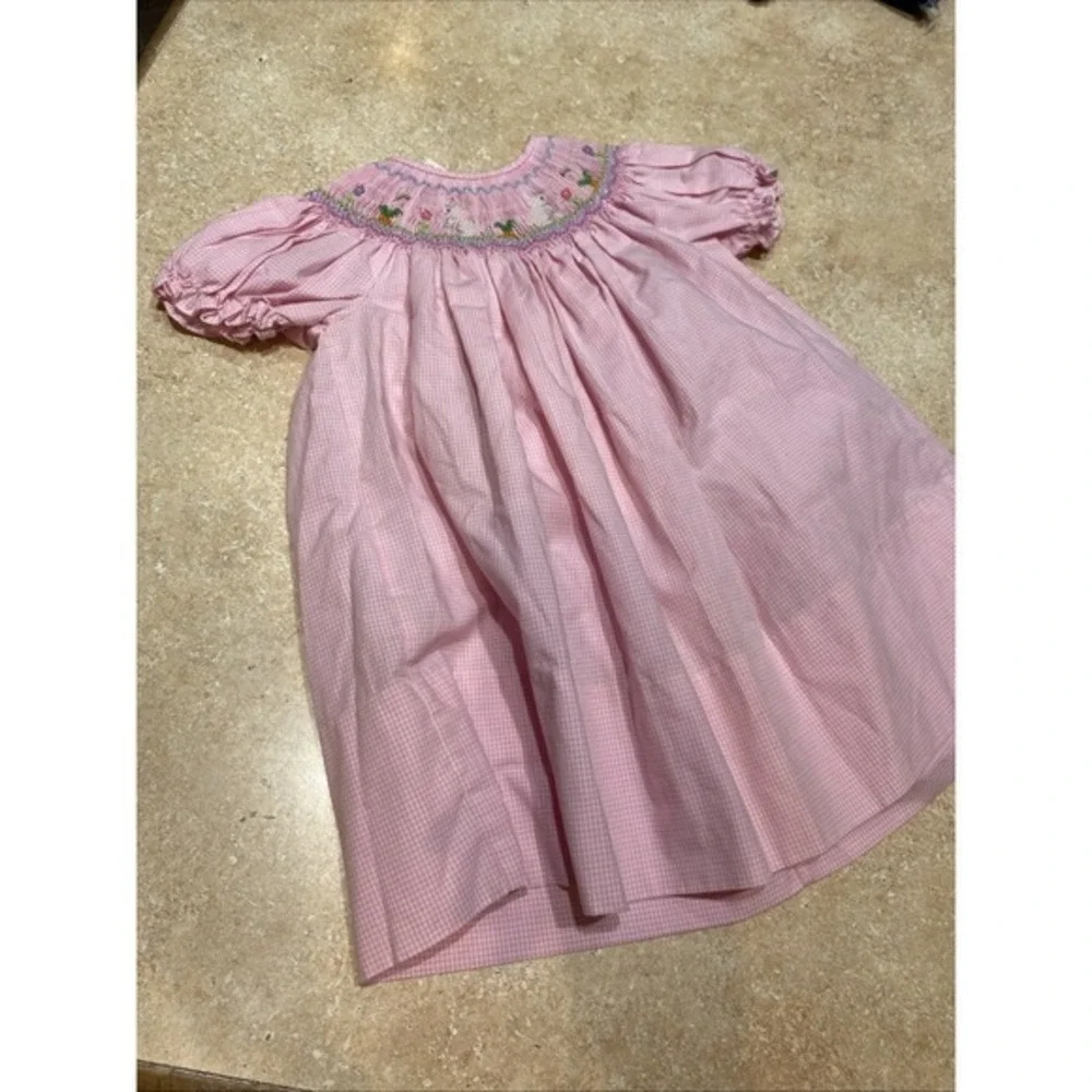 Rosalina Collection Pink Checked Bishop Smock Dress 12m Dress Bunnies/Easter 822
